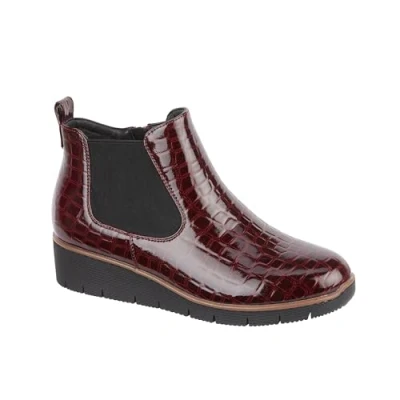 Image of Jo &amp; Joe Ladies Croc Patent Chelsea Wedge Ankle Boot With Side Gusset, Inside Zip For Ease Of Wear Warm Fur Lining. Sizes 4 8 (Burgundy, UK Footwear Size System, Adult, Women, Numeric, Medium, 8)