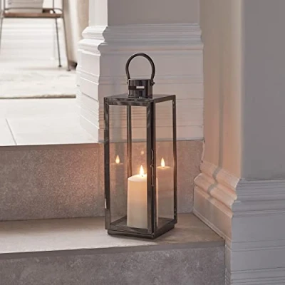 Image of Lights4fun Silver Stainlees Steel Battery Operated LED TruGlow® Candle Lantern with Handle Remote &amp; Timer 38cm