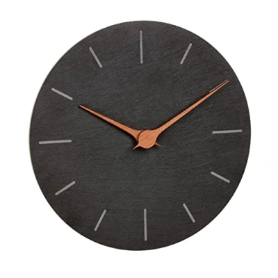 Image of TFA Dostmann Modern Slate Wall 60.3068.10, No Ticking Noise, with Walnut Wood Hands, Quartz Clock, 25 cm, for Hanging, Black, Plastic, (L) 250 x (B) 43 (H) mm