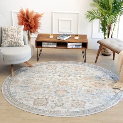 Image of Livabliss Doha Machine Washable Rug Vintage Area Rugs Living Room, Round 200 cm Traditional Boho Style, Dining Kitchen, Outdoor, Hallway Ivory and Light Grey