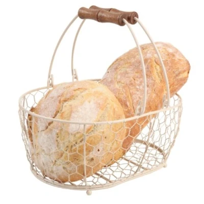 Image of T&amp;G Provence Wireware Medium Oval Basket with Aged Wooden Handles, Cream, 29.5 x 21.5 12.7 cm