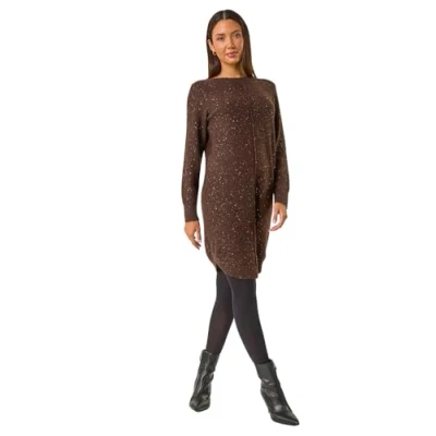 Image of Roman Originals Sequin Embellished Stretch Jumper Dress for Women UK Ladies Everyday Autumn Winter Round Neckline Comfy Soft Evening Vacation Work Party Night Out Chocolate Size 18