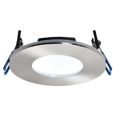Image of Betta Lighting 9W Satin Nickel Die Cast Aluminium Fire Rated Bathroom Shower IP65 Dimmable Anti Glare Recessed Cool White 5000K Slim Profile Ceiling LED Downlight