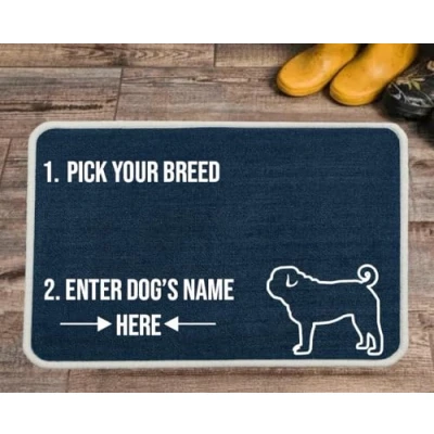 Image of Pet REBELLION Extra Large Personalised Absorbent Machine Washable Food Mat For Dogs Feeding Bowls Non Slip Reduces Movement Rounded Corners to Stay Flat (Pug Blue)