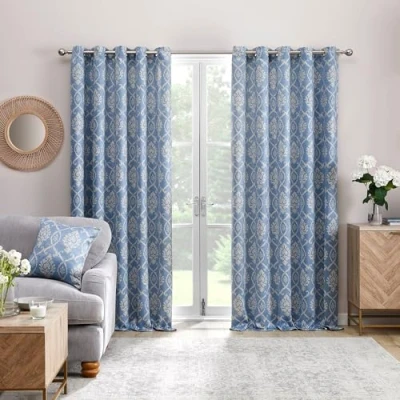 Image of Dreams &amp; Drapes Blue Damask Curtains W66 x L72 (168 183cm) 2x Panels Floral Eyelet for Bedroom and Living Room Delft in White