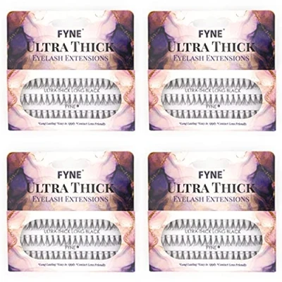 Image of FYNE Individual Eyelashes, Black [240 Pcs, Ultra Thick Long 12mm, Pack of 4] Lashes, Eyelash Extensions, Natural Look, Volume Cluster False Lash