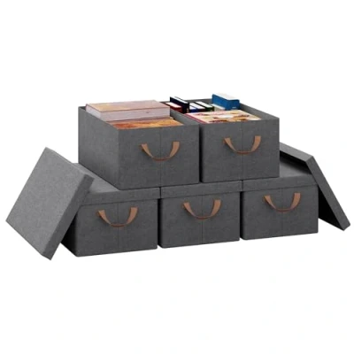 Image of WOLTU Set of 5 Storage Boxes with Lids, Collapsible Fabric Basket Under Bed Handles, Toy Box Wardrobe Organiser, Grey, 48x29x20cm