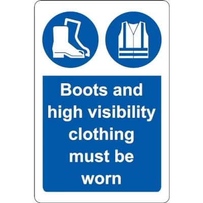 Image of Boots and high visibility clothing must be worn Construction safety sign 1.2mm Rigid plastic 200mm x 150mm Case (Pack of 5)