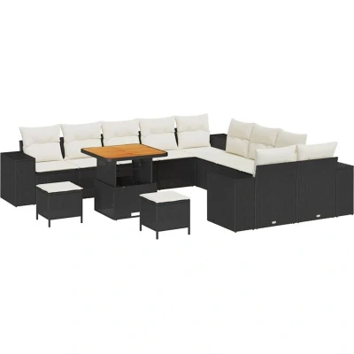 Image of vidaXL 13 Piece Garden Sofa Set with Cushions Black Poly Rattan Acacia
