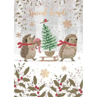Image of Words N Wishes Special Couple Christmas Card Hedgehogs and Tree with a Foil Finish Eco Friendly