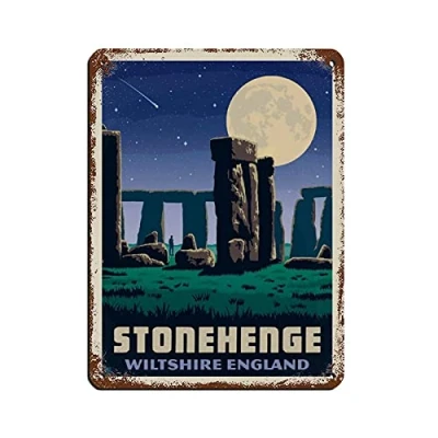 Image of AZOLID Vintage Metal Tin Signs England Stonehenge Travel Poster Wall Decor Office Cafe Bathroom Bedroom 30x20CM
