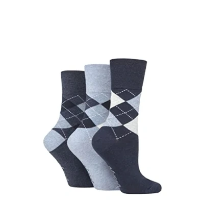 Image of Women&#039;s 3 Pair Gentle Grip Argyle Patterned Cotton Socks Navy / Denim 4 8 Ladies