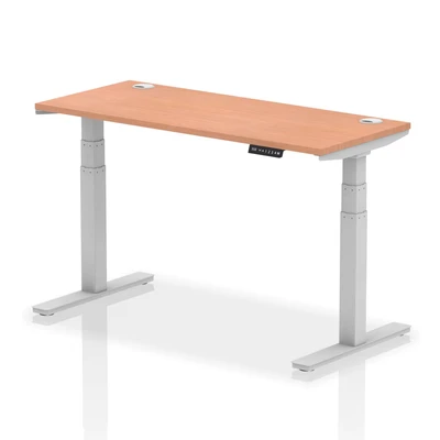 Image of Air 1400x600mm Height Adjustable Desk Beech Top Cable Ports Silver Leg