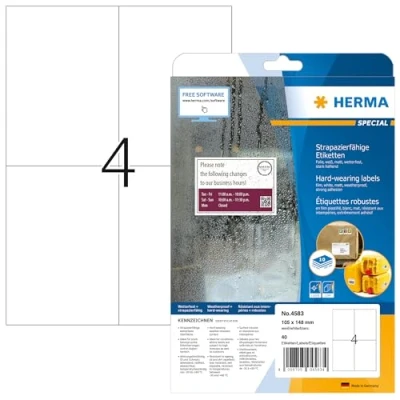 Image of HERMA Self Adhesive Film Labels, 4 Labels per A4 Sheet, 10 Sheets, 105 x 148 mm, 40 Blank Weatherproof Stickers, Sticky for Laser &amp; Inkjet Printer, White