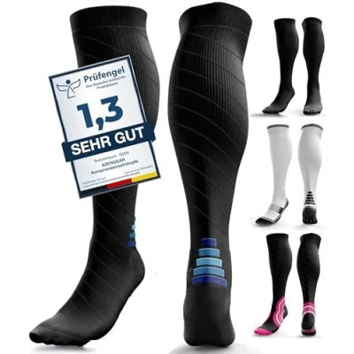 Image of aZengear Compression Socks (20 30mmHg) Anti DVT Air Flying Knee High Flight Travel Stockings, Swollen Legs, Varicose Veins, Running, Shin Splints Calf Pressure Support, Sports (Black w Navy L/XL)