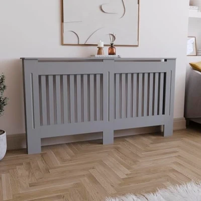 Image of Vida Designs Chelsea Radiator Cover Modern Slatted Grill Slats Painted MDF Cabinet (Grey, Large) H: 82 / W: 152 D: 19 cm