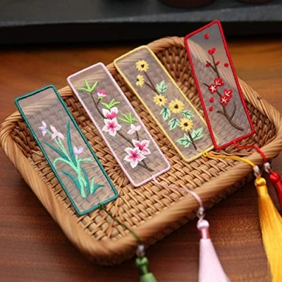 Image of Namvo 4Pcs DIY Cross Stitch Bookmark Kit with 16.5cm Embroidery Hoops, Flower Craft Tassel Book Marks Art Gifts