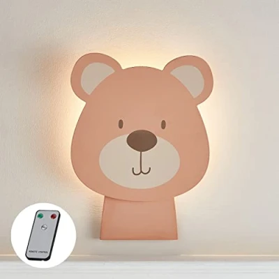 Image of Lights4fun Battery Operated LED Bear Children&#039;s Wall Light Kids Bedroom Nursery Decoration with Remote and Timer