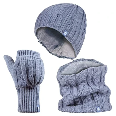 Image of HEAT HOLDERS Ladies thermal winter warm fleece cable knit Hat, Neck Warmer and Converter Gloves set (Dusky Blue)