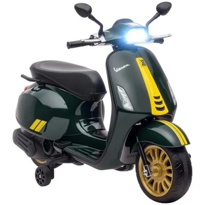 Image of AIYAPLAY Vespa Licensed 12V Kids Electric Motorbike, Ride on Motorcycle with Music, Headlight, MP3, FM Radio, Two Training Wheels, for 3 6 Years Green