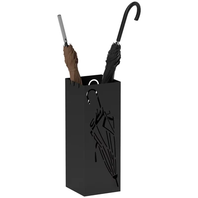 Image of HOMCOM Metal Umbrella Stand, Square Holder with 4 Hooks and Removable Drip Tray, Decorative Storage Rack for Entryway, Hallway, 15.5 x 41 cm, Black