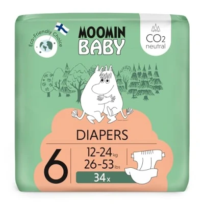 Image of Muumi Baby Eco Nappies Size 6, 12 24 kg (26 53 lbs), 34 Sensitive Premium Diapers CO2 Neutral Leakage Barrier Soft and Skin Friendly, No Unnecessary Chemicals