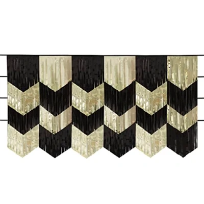 Image of Unique 26257 Scalloped Foil Fringe Garland Backdrop Kit 4 x 1.82 m Black &amp; Gold Colour 1 Count (Pack of 1), Multicolour