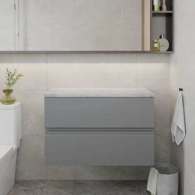 Image of Hudson Reed URB206LBG Urban Modern Bathroom Wall Hung Vanity Unit with 2 Soft Close Drawers Worktop, 800mm, Satin Grey