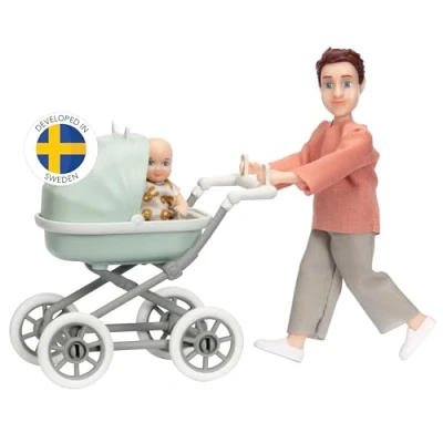 Image of Lundby Dolls for Girls Mini Pram Doll House People Adult + Baby Toy Dollhouse Accessories Furniture Pushchair Age 3+ 1:18