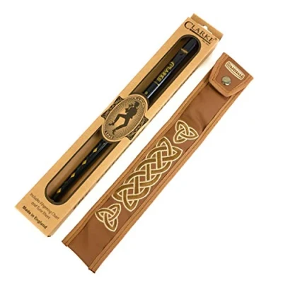 Image of Original Black Clarkes Tin Whistle in key of D with Handmade Irish Case by Dannan Brown Vegan Leather Celtic Embroidery