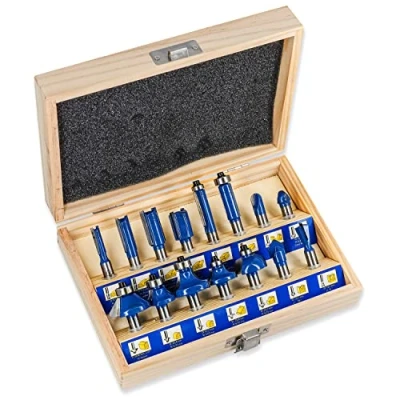 Image of S&amp;R Router Bit Set 15 pcs, HM, shank 8mm, forged tool steel, cutting plates made of HM in wooden box