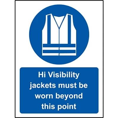 Image of Mandatory sign Hi visibility jackets must be worn beyond this point Safety 1.2mm Rigid plastic 300mm x 200mm