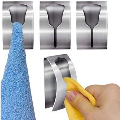 Image of Tatkraft Ida Pack of 4 Self Adhesive Tea Towel Holder, Rail for Bathroom and Kitchen, Stainless Steel, Strong Hooks no Drill, Easy to Fix on Any Surface