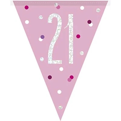 Image of Unique 83451 Pink Plastic Pennant Banner 9&#039; Silver 1 Pc, Age 21