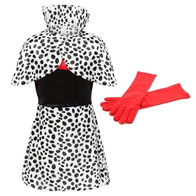 Image of Girls Evil Dog Lady Costume X Large Black Dress with Dalmatian Print Cape and Skirt Red Gloves Kids World Book Day Halloween Fancy