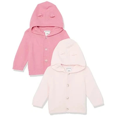 Image of Amazon Essentials Unisex Babies&#039; Hooded Sweater, Pack of 2, Dusty Rose/Light Pink, 12 Months