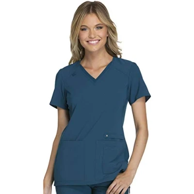 Image of CHEROKEE iflex Women&#039;s V Neck Knit Panel Scrub Top Blue Medium