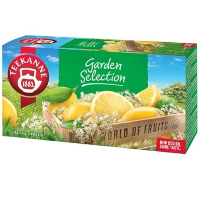 Image of Teekanne Garden Selection Elderflower &amp; Lemon All Natural Fruit Flavored Infusion Tea with White Hibiscus, Sweet Blackberry Leaves and Rosehip 20 Teabags