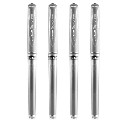 Image of uni ball Signo Pen Broad Metallic Gel Ink Rollerball Metal 1mm Tip Nib 0.65mm Line Width With Rubber Grip UM 153 Silver Pack of 4