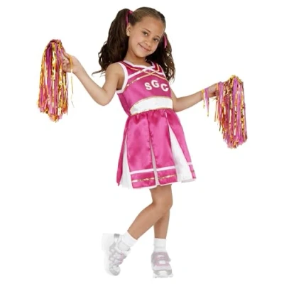 Image of Smiffys Cheerleader Costume, Child, Pink with Dress and Pom Poms, Girls Fancy Dress, Child Up Costumes