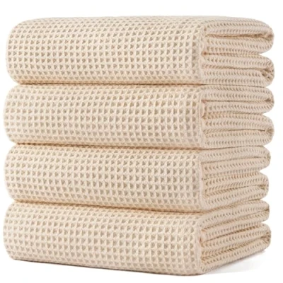 Image of POLYTE Microfibre Oversize Quick Dry Lint Free Bath Towel, 152 x 76 cm, 4 Pack (Light Beige, Waffle Weave)