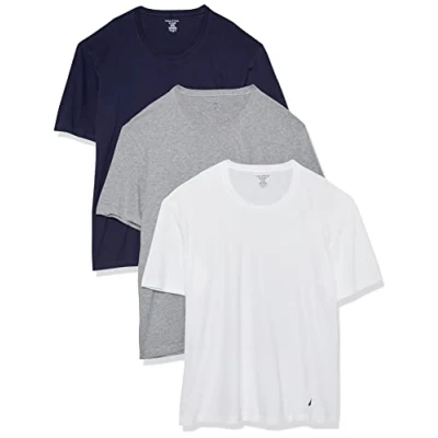 Image of Nautica Men&#039;s Cotton Crew Neck 3 Pack T Shirt Undershirt, White/Peacoat/Heather Grey, XL
