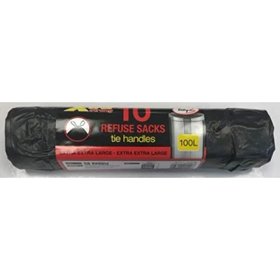 Image of Tidyz X Tra Strong Extra Large Tie Handle Refuse Sacks Black Bin Liners Roll Of 10 100 Litres 160cm