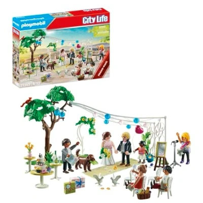 Image of Playmobil 71365 City Life wedding Reception Promo Pack, romantic to re enact, with decorations and several guests animals, ceremonial role play, playset suitable for children ages 4+