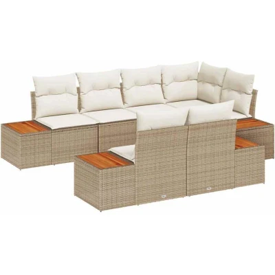 Image of Vidaxl 7 Piece Garden Sofa Set with Cushions Beige Poly Rattan Acacia