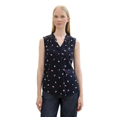 Image of TOM TAILOR Women&#039;s 1042950 Basic Blouse with Ruffle Detail on The Collar, 36381 Pink Navy Floral Design, 16