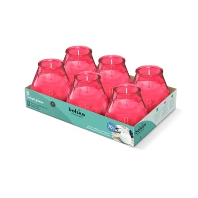 Image of Bolsius Outdoor Candles 6 Pieces in Glass Fuchsia Burning Time 70 Hours No Palm Oil Clean Cotton Wick Non Scented