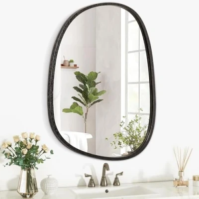 Image of Asymmetrical Irregular Wall Mirror Black Oval Wood Frame Hanging for Bathroom Mirrors Bedroom Living Room Entryway Hallway Unique Decorative