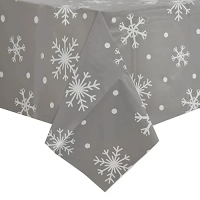 Image of Mr Crimbo Wipe Clean PVC Vinyl Christmas Tablecloth Dining Xmas Cover 140x240cm Grey Snowflakes