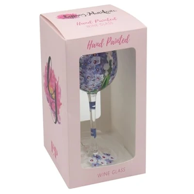Image of Lesser &amp; Pavey Painted Floral Flower Wine Glass Delphiums, Dragonflies, Daisies, Thistles, Gerberas, Gypsophila, Pink Lilies or Ladybirds Colourful Designs (Delphiniums)